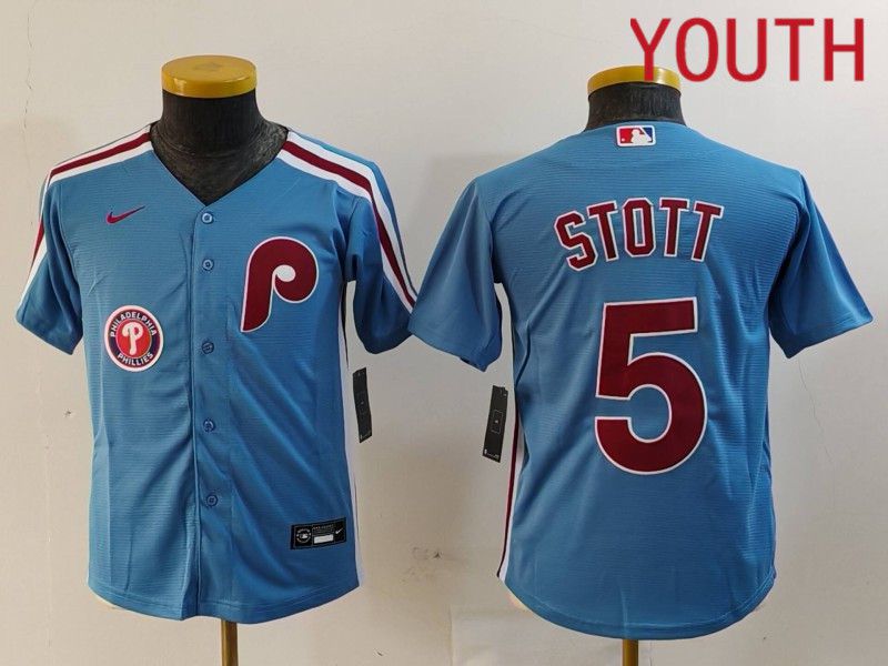 Youth Philadelphia Phillies #5 Stott Blue Throwback 2024 Nike MLB Jersey style 2->youth mlb jersey->Youth Jersey